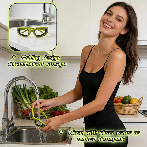 Tear Free Onion Goggles For Kitchen Cooking And Pepper Chopping With Anti Fog Lenses and Ultra Light Frame For Zero Cry Time Kitchen Work And Crystal Clear Vision Protection Gear Green being rinsed at a kitchen sink.
