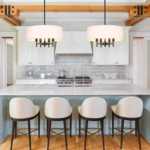Kitchen with two 4 Light Drum Chandelier Black Pendant Light With White Fabric Shade For Kitchen Island Foyer And Living Room 18 Inch Diameter Adjustable