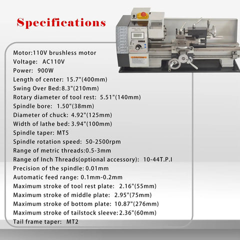 Specifications for the Jaryannix 900W Mini Bench Lathe 8x16 Inch Metal woodworking lathe with dimensions and details.
