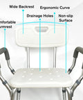Heavy Duty Adjustable Shower Chair With Padded Armrests And Backrest For Inside Shower Bath Stool featuring wide backrest and drainage holes.