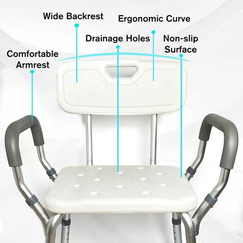Heavy Duty Adjustable Shower Chair With Padded Armrests And Backrest For Inside Shower Bath Stool featuring wide backrest and drainage holes.