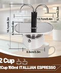 Premium Stainless Steel Moka Pot With Heavy Duty Dual Pipe Flow Tech For Pullin Quick Stovetop Espresso On Gas Or Induction Cooktops, 150ml.