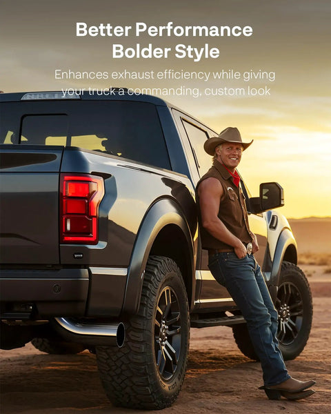 Man leaning on pickup truck with 5 to 6 Inch Exhaust Elbow Tip With Clamp Chrome Diesel Tip for Pickup Trucks and Cars 5 Inch Inlet 6 Inch Outlet Durable Chrome Plated Steel for Easy Install and Performance Upgrade