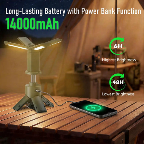 Rechargeable Camping Lantern With Telescopic Stand And USB Power Bank, 14000mAh Battery Delivers Up To 48 Hours On Low