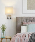 Bedroom scene with Slick Dual USB Wall Sconces Set For Bedroom Plug In Bedside Lights With USB Ports And Outlets Modern Wall Lamp
