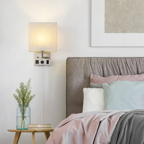 Bedroom scene with Slick Dual USB Wall Sconces Set For Bedroom Plug In Bedside Lights With USB Ports And Outlets Modern Wall Lamp
