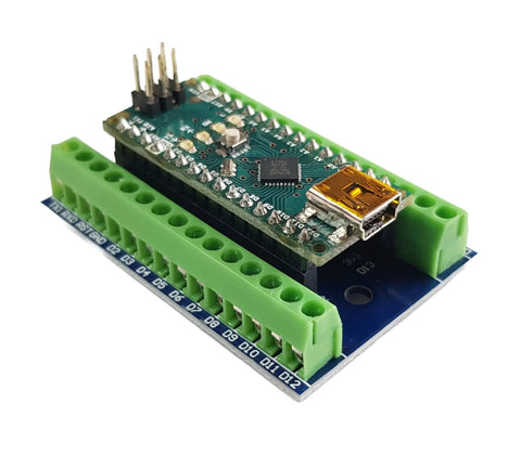 Rock Solid Screw Terminal Block Shield For Arduino Nano That Delivers Tight Secure Wiring With Easy Clamp Terminals And Durable Design For Any Nano Project Prototyping Or Embedded Applications, green terminals, blue board