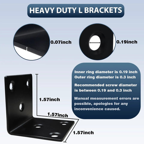 No Fuss Heavy Duty 25 Pack 1.5 Inch L Brackets Featuring 2mm Thick Black Stainless Steel with measurement details.