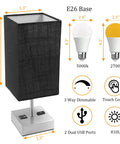 Two Pack 3 Way Dimmable Touch Table Lamps With USB Ports And AC Outlet, Night Light With Black Fabric Shade, lamp dimensions and features