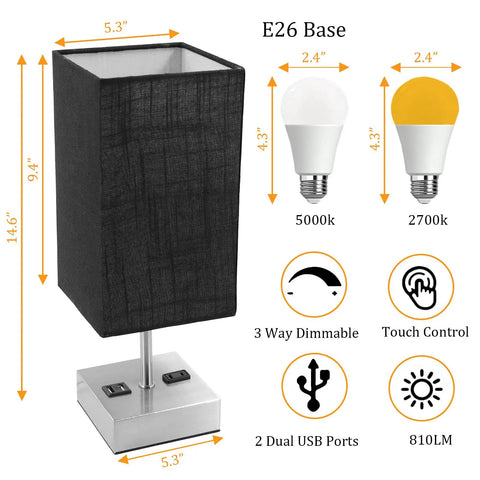 Two Pack 3 Way Dimmable Touch Table Lamps With USB Ports And AC Outlet, Night Light With Black Fabric Shade, lamp dimensions and features