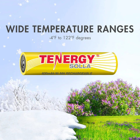 Rechargeable NiMH AAA Battery 600mAh for Solar Lights 12 Pack No Leak Design displayed against winter and spring landscape