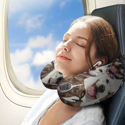 Woman using U Shaped Neck Pillow For Travel And Office Napping Reusable Lightweight Multi Functional Cushion For Airplane Train And Car Rides Soft Durable Polyester Fabric Cozy Travel Buddy For Pitbull Dog Lovers on airplane