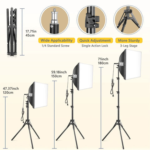 Softbox Lighting Kit 16x16 With 85W LED Bulbs 3000K To 7500K Adjustable Color Temp, tripod setup heights and features displayed
