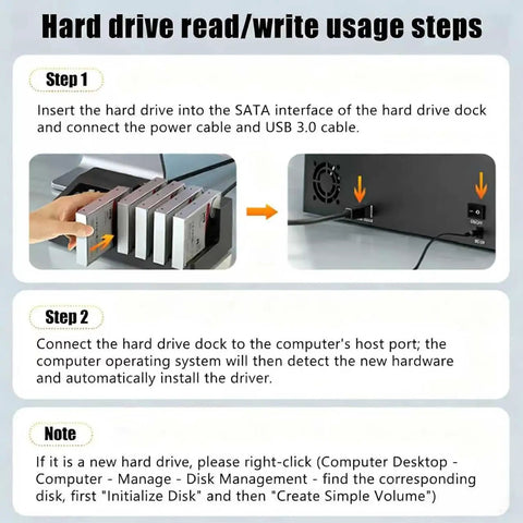 Hard drive read/write usage steps for Rock Solid Five Bay Hard Drive Docking Station With Offline Clone Mode And Blazing 5Gbps Type C Hookup For 2.5 And 3.5 Inch Ssd Hdd Storage Expansion Up To 120 Tbs Built For Heavy Duty Backups With Zero Fuss.