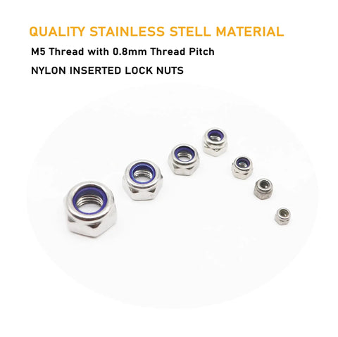 35 Pack M5 Self Locking Nylon Insert Nuts 0.8mm Pitch 5mm Height Stainless Steel Lock Nuts For Wheels 3D Printer Bike Set
