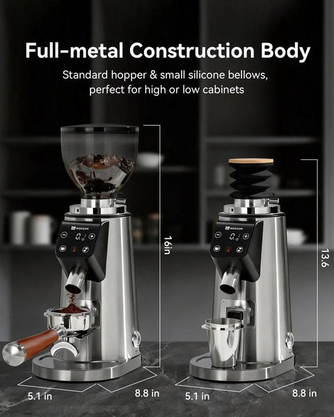 Professional 64mm Flat Burr Coffee Grinder With 100 Grind Settings All Metal Stainless Steel Body Adjustable Electronic Timer Anti Static LED Display For Rich Balanced Coffee Flavor.