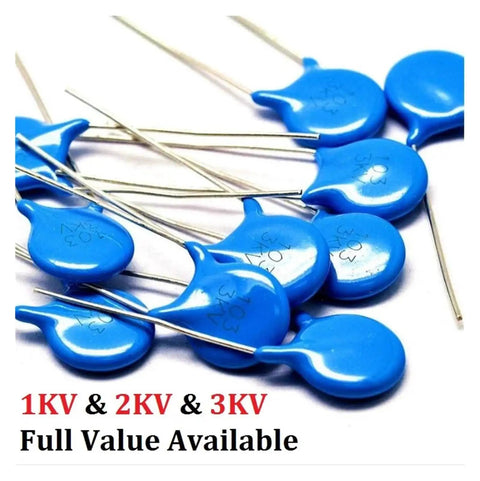 20 Pack High Voltage Ceramic Capacitors Set 1kV Rating 104 100nF, 103 10nF, 472 4.7nF For Electronics DIY Projects Durable Leads Easy Install Great For PCBs Radios And Auto Electronics Enthusiasts blue leaded disc capacitors