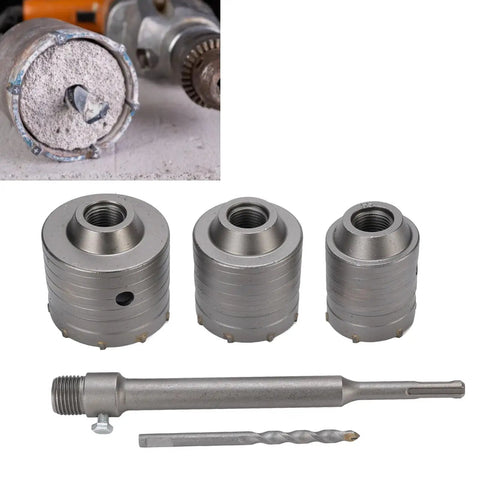 Concrete Hole Saw Kit For Drilling Through Concrete Brick Cement Stone Walls With 55mm 65mm And 75mm Diameters And 50mm Depth Tungsten Steel Triple Tooth Design Rustproof Durable Wall Cutter Set For Hollow Bricks And Cement, with arbor and drill bit