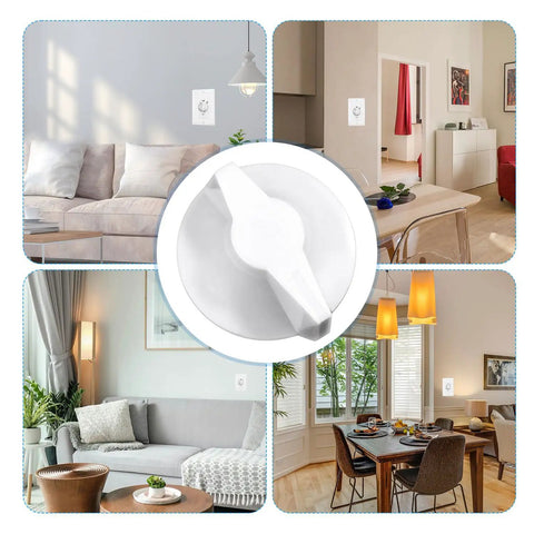 Two Pack Timer Knob Replacement For Wall, Bath, And Light Timers, close-up of white ABS knob in various room settings.