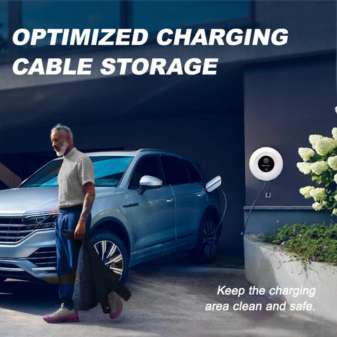 Level 2 Ev Charger 40 Amp 9.6Kw Wall Mount Home Charging Station with organized cable storage beside an electric vehicle.