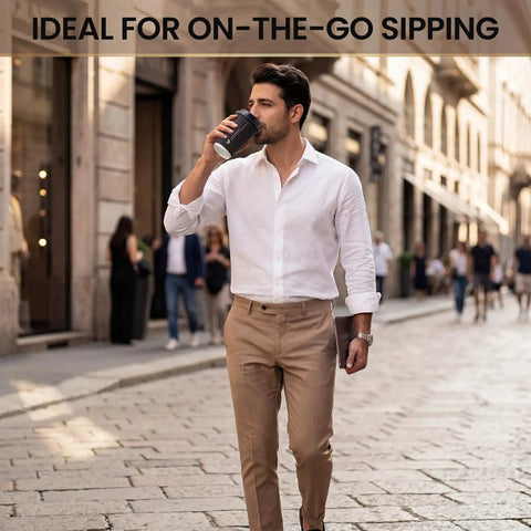 Man on street holding 50 Pack 12 Oz Disposable Coffee Cups With Lids And Straws Insulated To Go Paper Cups With Detachable Corrugated Sleeves For Hot Or Cold Drinks Ideal For Office Travel Coffee Bar And Grab And Go Black Sleeves