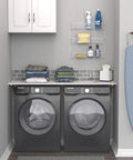 Top Shelf 3 Tier Wall Mounted Metal Rack For Kitchen Pantry Organization Keeps Your Space Slick With Rock Solid Storage For Cans Cleaners And Toiletries In A Clean White Build above laundry machines with toiletries.