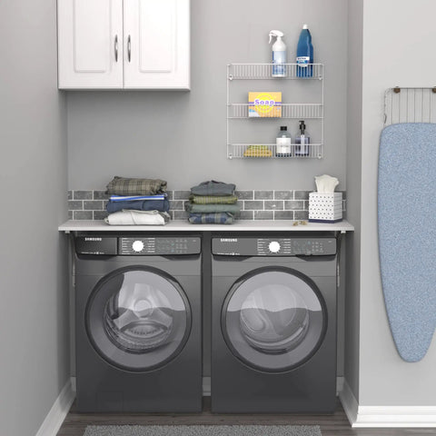 Top Shelf 3 Tier Wall Mounted Metal Rack For Kitchen Pantry Organization Keeps Your Space Slick With Rock Solid Storage For Cans Cleaners And Toiletries In A Clean White Build above laundry machines with toiletries.