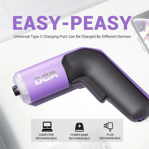 4V Cordless Screwdriver Set With 2000mAh Battery, USB C Charging, purple handle, universal charging options illustrated