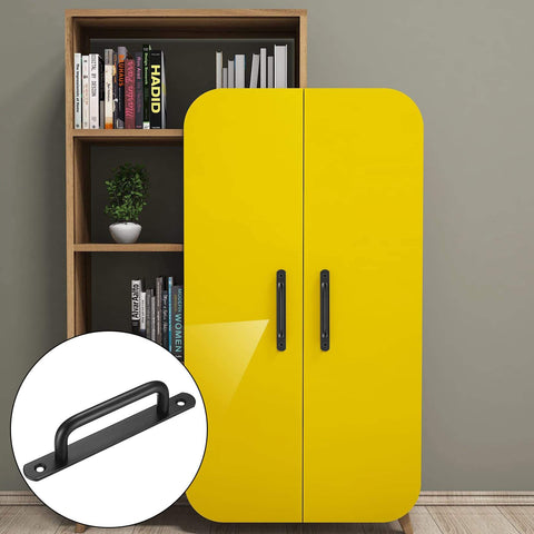 Two Pack Barn Door Handles Set Sliding Door Pulls Stainless Steel With Black Finish And Plates installed on yellow cabinet