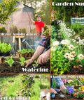 Collage of gardening activities using 5L Pressurized Hand Sprayer For Garden And Farm Use With 1.3 Gallon Capacity and adjustable nozzle