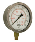 Glycerin Filled Industrial Pressure Gauge With Four Inch Dial Built To Last Brass Internals 304 Stainless Steel Case Dual Scale 0 To 100 Psi And KPa One Quarter Inch NPT Bottom Mount Liquid Filled Gauge For Non Corrosive Fluids