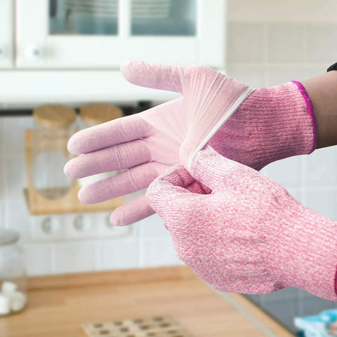 Cut Resistant Kitchen Gloves Level 5 Food Grade Protection For Safe Food Prep Small Pink HPPE Gloves being worn