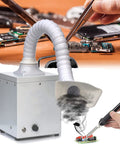 Heavy Duty Welding Fume Extractor With Killer Suction And Three Layer Filtration For Clean Air During Soldering Jobs Low Noise Design With Adjustable 360 Degree Tube To Grab All The Smoke Fast, shown capturing fumes from a soldering area.