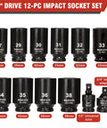 Get That Heavy Duty 12-Piece Metric Impact Socket Set With Long Reach Sockets From 27 To 38mm For Serious Tough Jobs Plus Universal Joint And Adapter Included., 12-piece Cr-Mo impact sockets 27-38mm with 1/2-inch adapter and universal joint