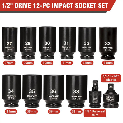 Get That Heavy Duty 12-Piece Metric Impact Socket Set With Long Reach Sockets From 27 To 38mm For Serious Tough Jobs Plus Universal Joint And Adapter Included., 12-piece Cr-Mo impact sockets 27-38mm with 1/2-inch adapter and universal joint