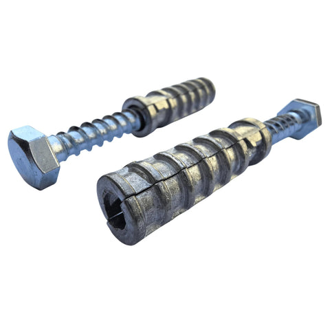 Lag Shield Anchors and Lag Bolts Set 1/4 x 1-1/2 inch 50-piece for concrete, masonry. Two expansion anchors shown close-up.