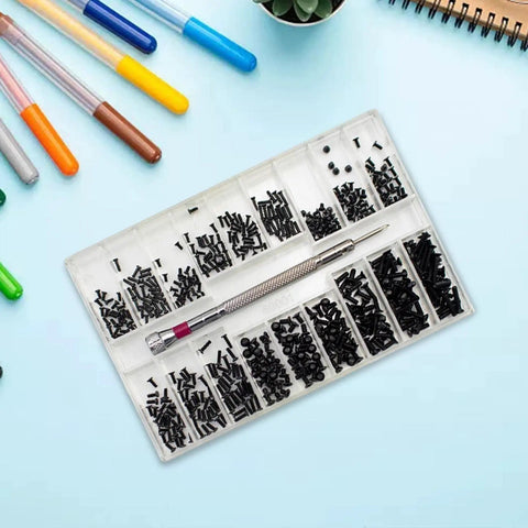 Rock Solid Micro Screws Set Featuring Top Shelf Stainless Steel Tiny Fasteners M1.2 To M2 Precision Hardware Assortment with 500 pieces in a clear case.