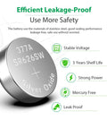 10 Pack SR626SW 377 Watch Battery 1.55V Silver Oxide Button Cell showing stainless steel design and leakage-proof properties.