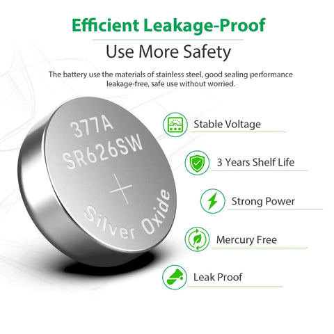10 Pack SR626SW 377 Watch Battery 1.55V Silver Oxide Button Cell showing stainless steel design and leakage-proof properties.