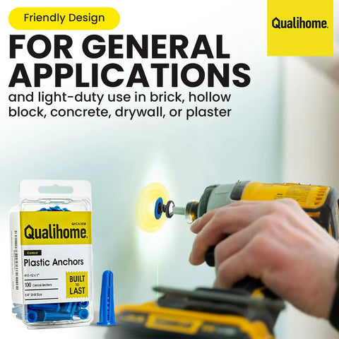 Plastic Wall Conical Anchors For Drywall Hollow Walls And Concrete Brick Or Masonry In 1 Inch Size Pack Of 50 Easy Self Expanding Anchors Known As Bantam For Quick Drilling And Secure Screw Insertion shown in use with drill on drywall.