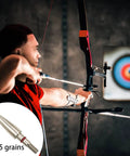 Archer aiming with bow, close-up of 125 grain Archery Field Points Practice Tips 100 125 150 200 300 Grains Screw In Arrow Tips