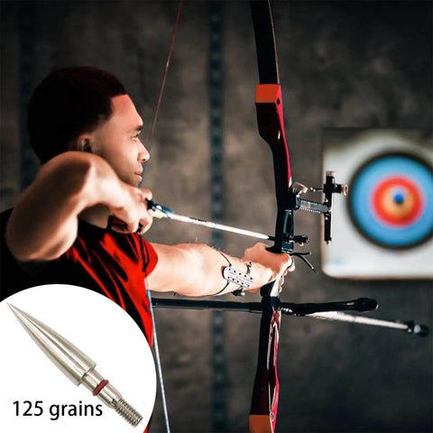 Archer aiming with bow, close-up of 125 grain Archery Field Points Practice Tips 100 125 150 200 300 Grains Screw In Arrow Tips