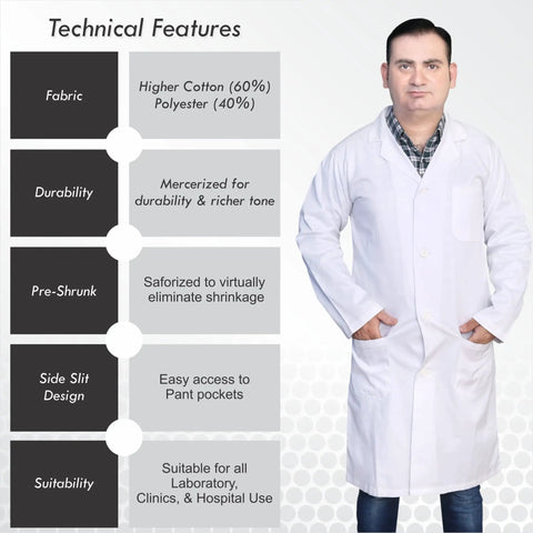 Man wearing Unisex Lab Coat Built For The Daily Grind 60 40 Cotton Polyester Blend Sanforized To Fight Shrink White And Crisp