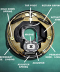 Close-up of JADODE 10 x 2.25 inch left-side electric trailer brake assembly for 3500 lb axle.