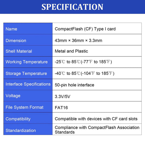 Heavy Duty 128Mb Compact Flash Memory Card Type I FAT16 Industrial Grade CF Card specifications including dimensions and material.