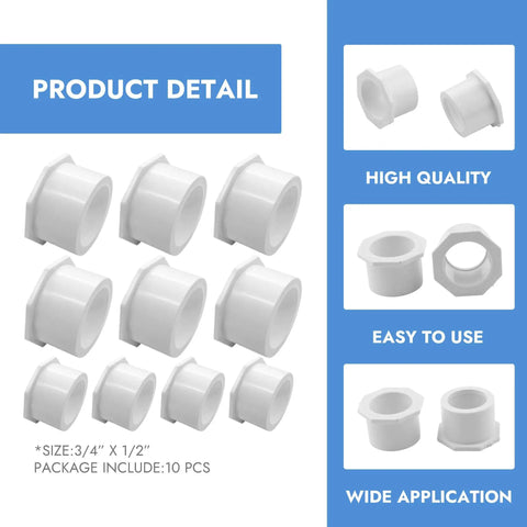 3/4 X 1/2 Inch PVC Reducing Bushing Socket To Socket White Pipe Fitting Adapter 10 Pack Schedule 40 Plastic Reducer Bush For Home Plumbing Pool And Industrial Use, 10 pcs