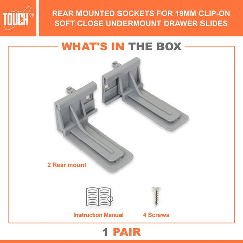 Rear mount sockets for 19mm clip-on soft close under-mount drawer slides with screws and instruction manual
