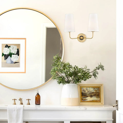 Modern Gold Wall Sconce With Fabric Shade Two Light Brushed Brass Vanity Bath Light for Bedroom Hallway Living Room Decor