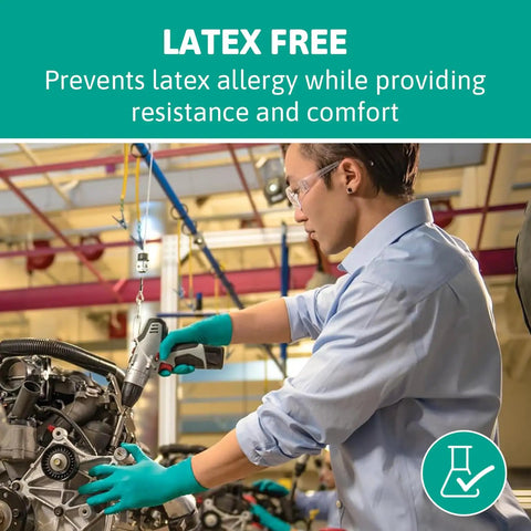 Disposable Nitrile Gloves Size Large For Chemical Splash Protection, ambidextrous, in use during machinery assembly. Latex-free.