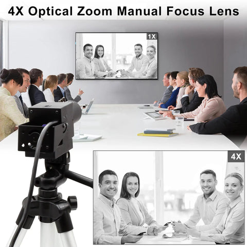 Top Tier High Speed Monochrome Usb Camera Boasting Rock Solid Global Shutter Tech Cuts Rolling Artifacts Dead Flat, Super Smooth Plug Play Works On Raspberry Pi Great For Capture And Industrial Jobs. Includes Slick Adjustable Zoom Lens, displayed on tripod with 4X optical zoom manual focus lens in office setting.